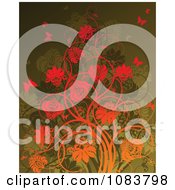Poster, Art Print Of Green Floral Background With Gradient Ornage Flowers And Butterflies