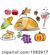 Poster, Art Print Of Thanksgiving Turkey Corn Apple Leaf Acorn Wine Pumpkin Grape And Pie Icons