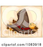 Pilgrim Hat With Autumn Leaves And A Pumpkin On Beige