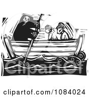 Poster, Art Print Of Grim Reaper Of Death Rowing People In A Boat Black And White Woodcut