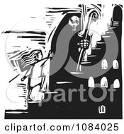 Poster, Art Print Of Grim Reaper Of Death Leading A Girl Up Stairs Black And White Woodcut