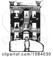 Poster, Art Print Of Girl Facing A Building With People In The Windows Black And White Woodcut