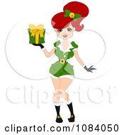 Christmas Pinup Elf Woman Holding A Gift