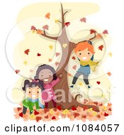 Clipart Stick Children Playing By A Tree In Autumn Leaves Royalty Free Vector Illustration