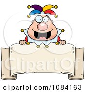 Clipart Chubby Jester Over A Banner Royalty Free Vector Illustration
