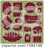 Poster, Art Print Of Red Christmas Greetings And Labels On Green Damask