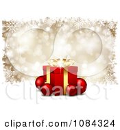 Poster, Art Print Of 3d Gift Box With Baubles Over Gold Snowflakes