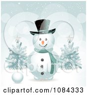Clipart Snowman In The Snow With Christmas Trees Royalty Free Vector Illustration