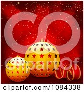Poster, Art Print Of Golden 3d Christmas Baubles And A Streamer Over Red Stars
