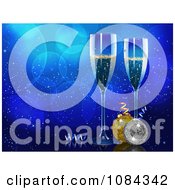 Poster, Art Print Of Christmas Champagne And Baubles Over Blue Bubbles