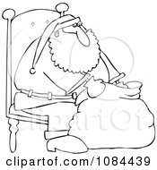 Clipart Outlined Santa Sitting In A Chair And Looking Into His Bag Royalty Free Vector Illustration
