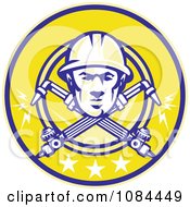 Clipart Retro Welder Face And Crossed Torches Royalty Free Vector Illustration