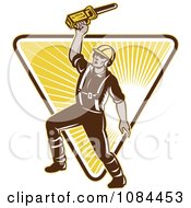 Clipart Retro Arborist Holding Up A Chainsaw Royalty Free Vector Illustration