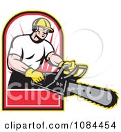Clipart Retro Arborist Holding Out A Chainsaw Royalty Free Vector Illustration