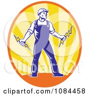 Poster, Art Print Of Retro Electrician Holding Bolts In An Oval Of Rays