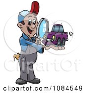 Poster, Art Print Of Auto Mechanic Inspecting A Small Car With A Magnifying Glass