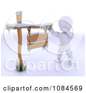 Poster, Art Print Of 3d White Character By A Snow Covered Wood Sign
