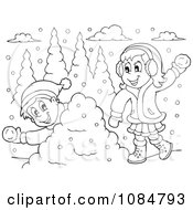 Poster, Art Print Of Outlined Boy And Girl Having A Snowball Fight