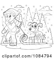 Poster, Art Print Of Outlined Boy Pulling A Dog On A Sled Through The Snow