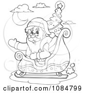 Clipart Outlined Waving Santa In His Sleigh With A Christmas Tree Royalty Free Vector Illustration