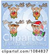 Clipart Four Reindeer Faces And A Merry Christmas Greeting Over Snow Royalty Free Vector Illustration