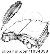 Sketched Drawing Of An Open Book And Feather Quill