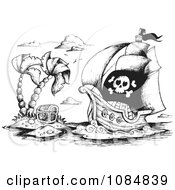 Poster, Art Print Of Sketched Drawing Of A Pirate Ship And Treasure Island