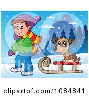 Poster, Art Print Of Boy Pulling A Dog On A Sled Through The Snow