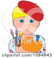 Blonde Boy Artist Wearing Red Beret And Holding Paint Brushes And Palette