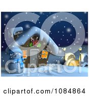 3d Snowman And Christmas House On A Snowing Winter Night