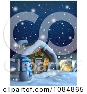 3d Snowman And Christmas Home On A Snowing Winter Night