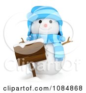 Poster, Art Print Of 3d Winter Snowman With A Wooden Sign