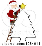 Santa Claus Putting A Christmas Star On An Outlined Tree