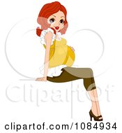 Clipart Pretty Red Haired Pregnant Woman Sitting On A Sign Royalty Free Vector Illustration