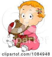 Christmas Toddler In Pjs Hugging A Teddy Bear