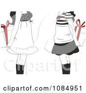 Poster, Art Print Of Black And White Gift Exchange Girls Holding Presents With Red Bows Behind Their Backs