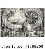 Poster, Art Print Of Four Male Campers Sitting Around A Fire With Their Horses In The Background