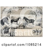 Poster, Art Print Of Agricultural Diploma With Jockeys Racing Horses Livestock Produce And Farming Tools