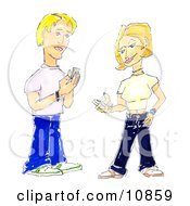 Young Blond Caucasian Couple A Man And A Woman Both Text Messaging On Their Cell Phones