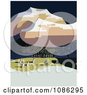 Native American On A White Horse Riding Near Tipis Close To A Forest And Snow Capped Mountains In Montana Royalty Free Historical Stock Illustration