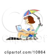 A Middle Aged Brunette Woman In A Blue Bikini And Flippers Seated In A Beach Chair Under An Umbrella Typing On A Laptop Computer Clipart Illustration by Spanky Art #COLLC10864-0019