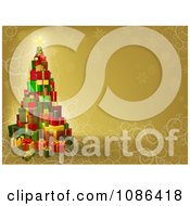 Poster, Art Print Of 3d Gift Tower Christmas Tree Over Gold With Snowflakes And Swirls