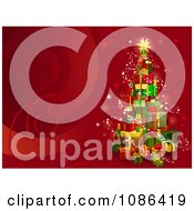 Poster, Art Print Of 3d Gift Tower Christmas Tree On Red With Swirls