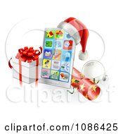 Poster, Art Print Of 3d Santa Hat On A Touch Phone With A Bauble Cracker And Christmas Gift