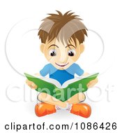 Poster, Art Print Of Excited Caucasian Boy Reading A Book On The Floor