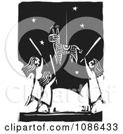 Clipart Girls Swinging At A Pinata With Bats Black And White Woodcut Royalty Free Vector Illustration by xunantunich