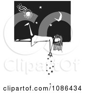 Girl Laying On A Wall And Dropping Stars Black And White Woodcut