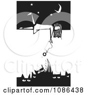 Clipart Girl Laying On A Wall And Dangling A Toy Down To Cats Black And White Woodcut Royalty Free Vector Illustration