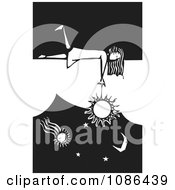 Poster, Art Print Of Girl Laying On A Wall And Dangling The Sun Black And White Woodcut