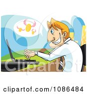 Poster, Art Print Of Caucasian Stock Broker Businessman Using A Laptop With Flying Coins